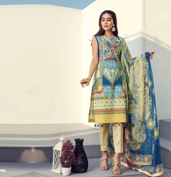 Digital Printed Bamber Chiffon Embroidered Duppatta and Banarsi Trouser Collection Design BI-08