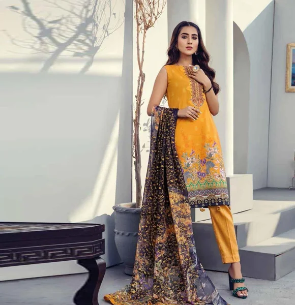 Digital Printed Bamber Chiffon Embroidered Duppatta and Banarsi Trouser Collection Design BI-04