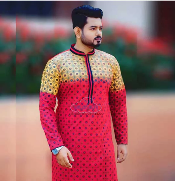 Red & Yellow Embroidery Cotton Panjabi for Men's