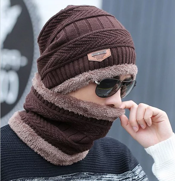 Winter Beanies balaclava Knit Neck Warmer Hats Men Women Beanies Fleece Wool Liner Thick Hat Scarf Sets
